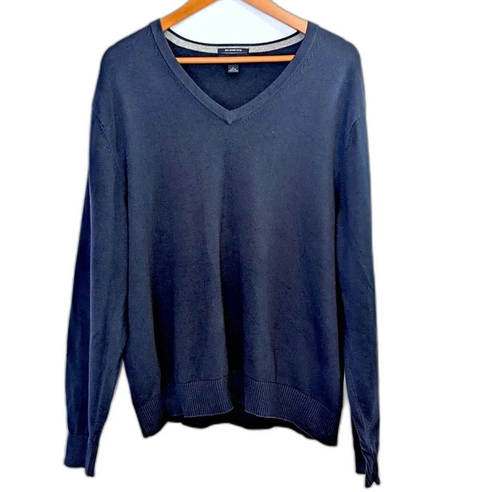Lands’ End Men’s	| Supima Cotton V-Neck Sweater Navy Blue | Size Large